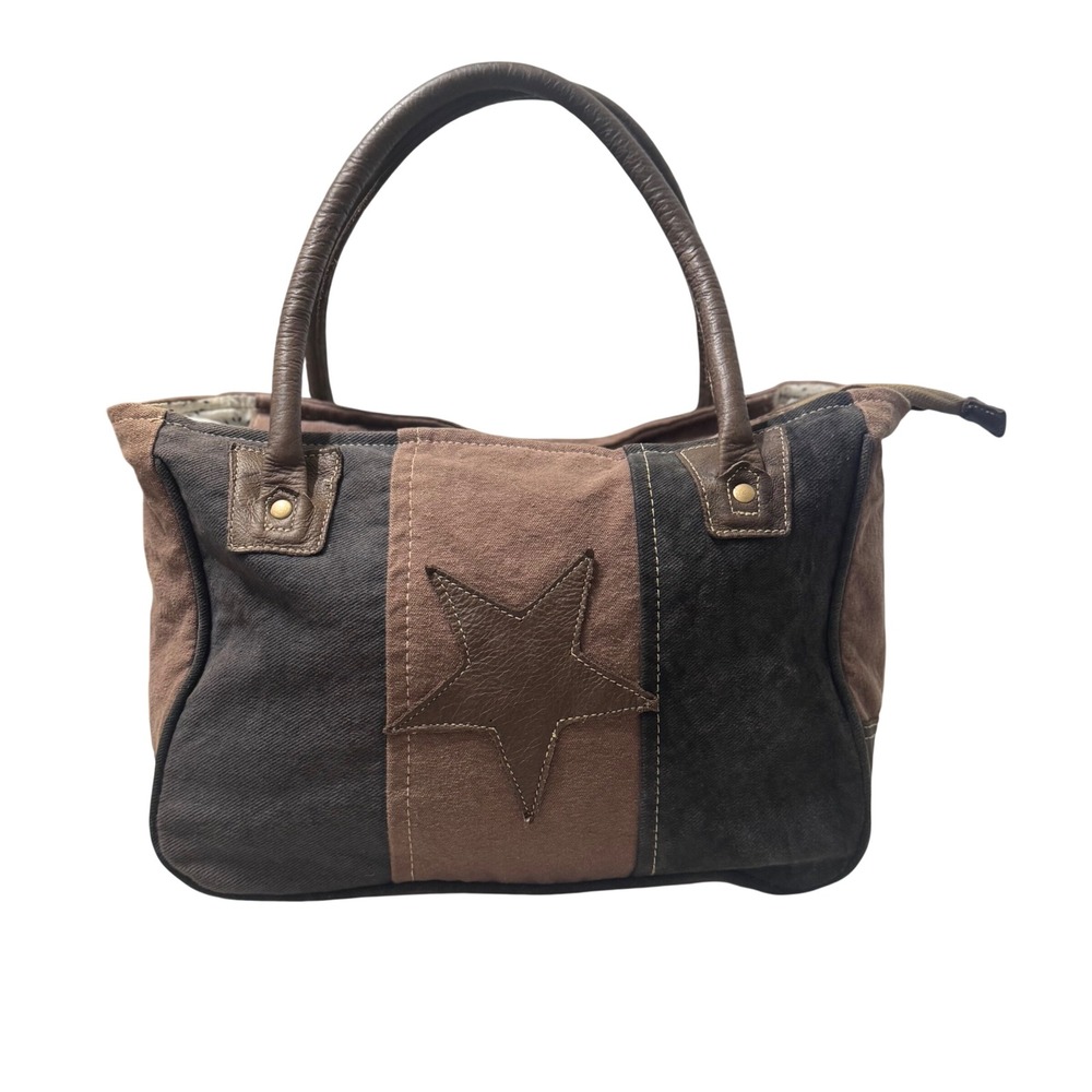 Myra Bag Star on Canvas Leather Tote Bag Women OS Brown Grey Excellent Upcycled
